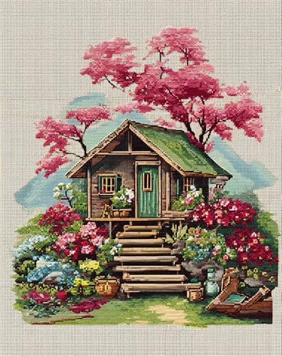 Henypt 11Ct Kreuzstich Set Vorgedruckt, Blumenhütte 40X50Cm Kreuzstich Stickpackungen Diy Stickerei Set Gestempelt Erwachsene Anfänger (Vorgedruckt) von Henypt