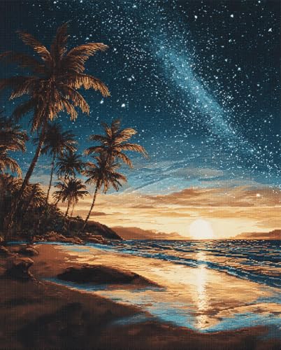 Henypt 11Ct Kreuzstich Set Vorgedruckt, Nächtliche Strandlandschaft 40X50Cm Kreuzstich Stickpackungen Diy Stickerei Set Gestempelt Erwachsene Anfänger von Henypt