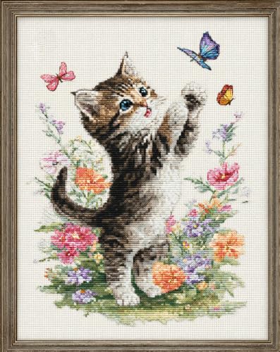 Henypt 11Ct Kreuzstich Set Vorgedruckt, Süßes Kätzchen Jagt Schmetterlinge 40X50Cm Kreuzstich Stickpackungen Diy Stickerei Set Gestempelt Erwachsene Anfänger von Henypt