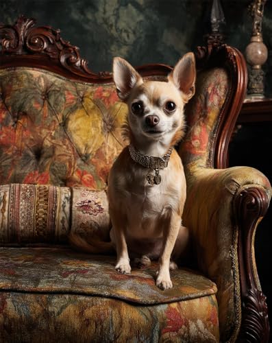 Henypt Kreuzstich Set Vorgedruckt, Chihuahua Sitzt Auf Einem Vintage-Sofa 40X50Cm Stickvorlagen Stickbilder Vorgedruckt Kreuzstich Stickpackungen Stickpackung Stickbild Stickset Sticken Set Für Erw von Henypt