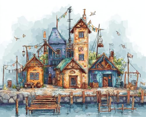 Henypt Kreuzstich Set Vorgedruckt, Fischerdorf 40X50Cm Stickvorlagen Stickbilder Vorgedruckt Kreuzstich Stickpackungen Stickpackung Cross Stitch Embroidery Kit Stickset Sticken Set Erwachsene Anfän von Henypt