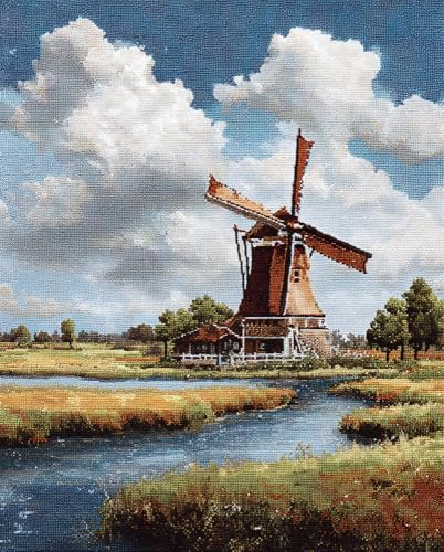 Henypt Kreuzstich Set Vorgedruckt, Holländische Windmühlenlandschaft 40X50Cm Stickvorlagen Stickbilder Vorgedruckt Kreuzstich Stickpackungen Stickpackung Cross Stitch Embroidery Kit Stickset Sticke von Henypt