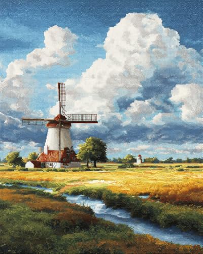 Henypt Kreuzstich Set Vorgedruckt, Holländische Windmühlenlandschaft 40X50Cm Stickvorlagen Stickbilder Vorgedruckt Kreuzstich Stickpackungen Stickpackung Cross Stitch Embroidery Kit Stickset Sticke von Henypt