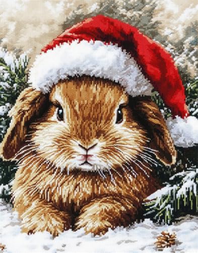 Henypt Kreuzstich Set Vorgedruckt, Kaninchen Mit Weihnachtsmütze Stickvorlagen Stickbilder Vorgedruckt Kreuzstich Stickpackungen Stickpackung Cross Stitch Embroidery Kit Stickset Sticken Set Erwach von Henypt