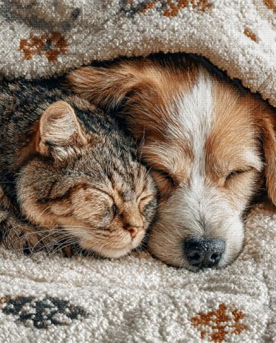 Henypt Kreuzstich Set Vorgedruckt, Katze Und Hund Schlafen Auf Einer Decke 40X50Cm Stickvorlagen Stickbilder Vorgedruckt Kreuzstich Stickpackungen Stickpackung Cross Stitch Embroidery Kit Stickset von Henypt