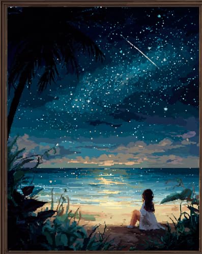 Henypt Kreuzstich Set Vorgedruckt, Nächtliche Strandlandschaft 40X50Cm Stickvorlagen Stickbilder Vorgedruckt Kreuzstich Stickpackungen Stickpackung Cross Stitch Embroidery Kit Stickset Sticken Set von Henypt