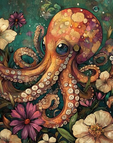 Henypt Kreuzstich Set Vorgedruckt, Oktopus Und Blumen 11 Ct Kreuzstich Stickpackungen,Stickbilder Vorgedruckt Kreuzstich Für Wandkunst-Heimdekoration von Henypt