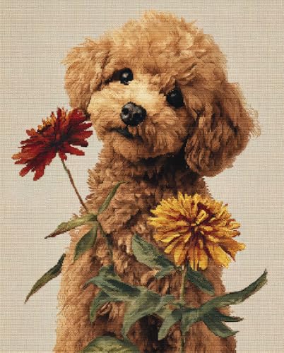 Henypt Kreuzstich Set Vorgedruckt, Pudel Und Blume A Stickvorlagen Stickbilder Vorgedruckt Kreuzstich Stickpackungen Stickpackung Stickbild Stickset Sticken Set Für Erwachsene 11Ct Cross Stitch Kit von Henypt