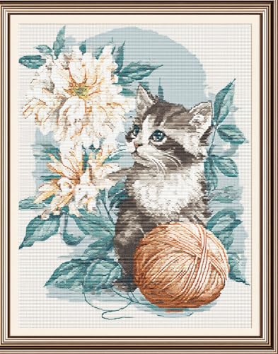 Henypt Kreuzstich Set Vorgedruckt, Süße Katze Und Wollknäuel 40X50Cm Stickvorlagen Stickbilder Vorgedruckt Kreuzstich Stickpackungen Stickpackung Cross Stitch Embroidery Kit Stickset Sticken Set Er von Henypt