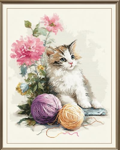Henypt Kreuzstich Set Vorgedruckt, Süße Katze Und Wollknäuel 40X50Cm Stickvorlagen Stickbilder Vorgedruckt Kreuzstich Stickpackungen Stickpackung Cross Stitch Embroidery Kit Stickset Sticken Set Fü von Henypt