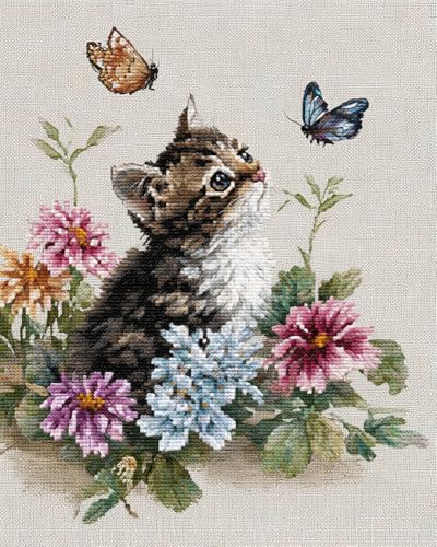 Henypt Kreuzstich Set Vorgedruckt, Süßes Kätzchen Jagt Schmetterlinge 40X50Cm Stickvorlagen Stickbilder Vorgedruckt Kreuzstich Stickpackungen Stickpackung Cross Stitch Embroidery Kit Stickset Stick von Henypt