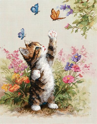 Henypt Kreuzstich Set Vorgedruckt, Süßes Kätzchen Jagt Schmetterlinge 40X50Cm Stickvorlagen Stickbilder Vorgedruckt Kreuzstich Stickpackungen Stickpackung Cross Stitch Embroidery Kit Stickset Stick von Henypt