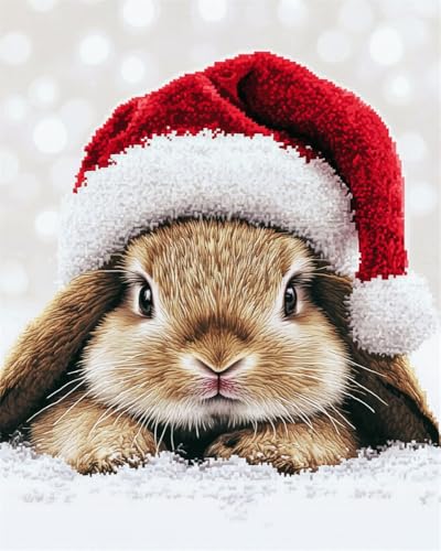 Henypt Kreuzstich Set Vorgedruckt,Kaninchen Mit Weihnachtsmütze 11 Ct Kreuzstich Stickpackungen,Stickbilder Vorgedruckt Kreuzstich Für Wandkunst-Heimdekoration von Henypt