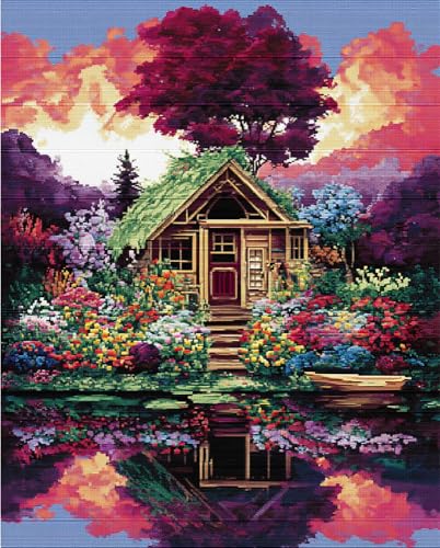 Henypt Kreuzstich Set Vorgedruckt Blumenhütte 40X50Cm Stickvorlagen Stickbilder Vorgedruckt Kreuzstich Stickpackungen Stickpackung Cross Stitch Embroidery Kit Stickset Sticken Set Erwachsene Anfäng von Henypt