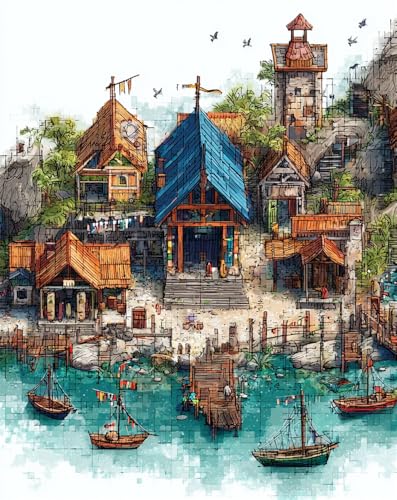 Henypt Kreuzstich Set Vorgedruckt Fischerdorf 40X50Cm Stickvorlagen Stickbilder Vorgedruckt Kreuzstich Stickpackungen Stickpackung Cross Stitch Embroidery Kit Stickset Sticken Set Erwachsene Anfäng von Henypt