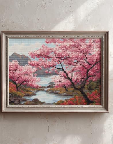 Henypt Kreuzstich Set Vorgedruckt Kirschblütenlandschaft 40X50Cm Stickvorlagen Stickbilder Vorgedruckt Kreuzstich Stickpackungen Stickpackung Cross Stitch Embroidery Kit Stickset Sticken Set Erwach von Henypt
