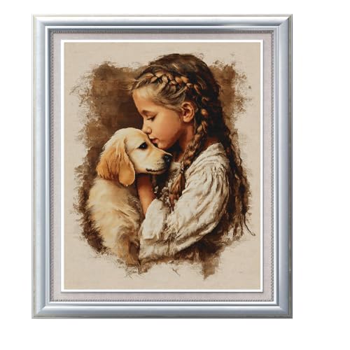 Henypt Kreuzstich Set Vorgedruckt Mädchen Und Hund 40X50Cm Stickvorlagen Stickbilder Vorgedruckt Kreuzstich Stickpackungen Stickpackung Cross Stitch Embroidery Kit Stickset Sticken Set Erwachsene A von Henypt