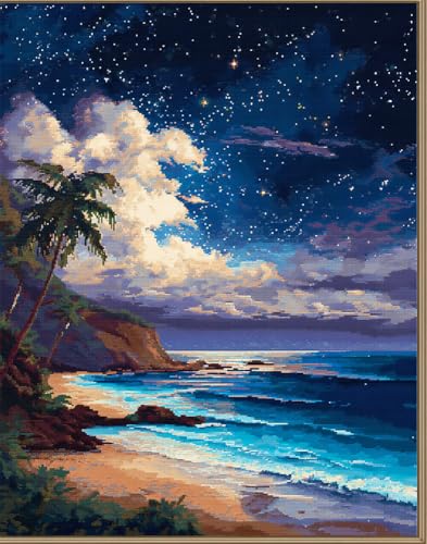 Henypt Kreuzstich Set Vorgedruckt Nächtliche Strandlandschaft 40X50Cm Stickvorlagen Stickbilder Vorgedruckt Kreuzstich Stickpackungen Stickpackung Cross Stitch Embroidery Kit Stickset Sticken Set E von Henypt