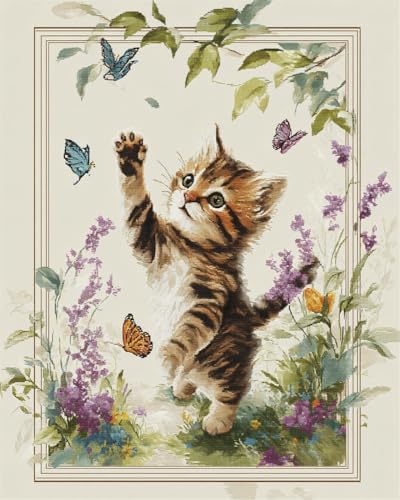 Henypt Kreuzstich Set Vorgedruckt Süßes Kätzchen Jagt Schmetterlinge 40X50Cm Stickvorlagen Stickbilder Vorgedruckt Kreuzstich Stickpackungen Stickpackung Cross Stitch Embroidery Kit Stickset Sticke von Henypt