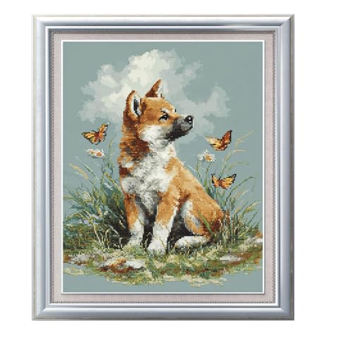 Henypt Kreuzstich-Set Zum Selbermachen 11 Ct Akita-Hund Sitzt Auf Dem Gras 40X50Cm Von Vorgedruckten Stick-Starter-Sets Für Anfänger, Lesen Von Picasso von Henypt