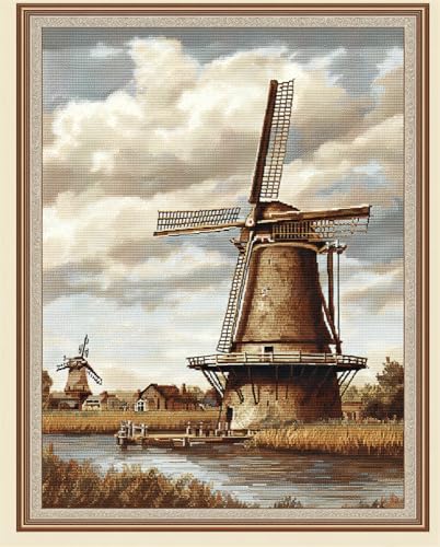 Henypt Kreuzstich Stickpackungen Erwachsene, Holländische Windmühlenlandschaft 40X50Cm Stickvorlagen Vorgedruckt Kreuzstich Stickpackung Zum Sticken Starter Set Für Erwachsene Kinder Anfänger von Henypt