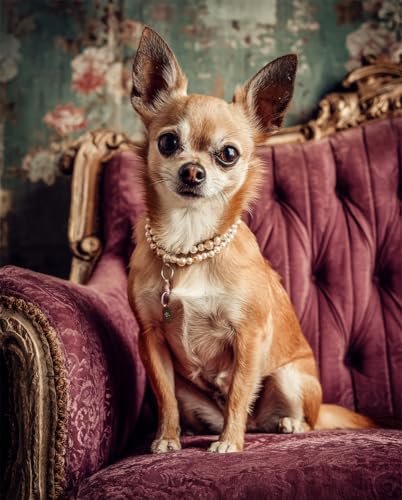 Henypt Kreuzstich Stickpackungen Vorgedruckt Set Erwachsene, Chihuahua Sitzt Auf Einem Vintage-Sofa 40X50Cm Stickvorlagen Stickbilder Vorgedruckt Kreuzstich Stickpackung Sticken Stickbild Set Für E von Henypt