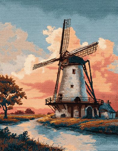 Henypt Kreuzstich Stickpackungen Vorgedruckt Set Erwachsene, Holländische Windmühlenlandschaft 40X50Cm Stickvorlagen Stickbilder Vorgedruckt Kreuzstich Stickpackung Sticken Stickbild Set Für Erwach von Henypt
