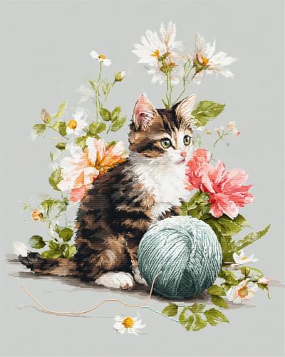 Henypt Kreuzstich Stickpackungen Vorgedruckt Set Erwachsene, Süße Katze Und Wollknäuel 40X50Cm Stickvorlagen Stickbilder Vorgedruckt Kreuzstich Stickpackung Sticken Stickbild Set Für Erwachsene Anf von Henypt