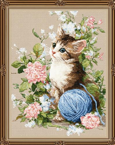 Henypt Kreuzstich Stickpackungen Vorgedruckt Set Süße Katze Und Wollknäuel 40X50Cm Stickvorlagen Stickbilder Vorgedruckt Kreuzstich Stickpackung Sticken Stickbild Set Für Erwachsene Anfänger, Cross von Henypt