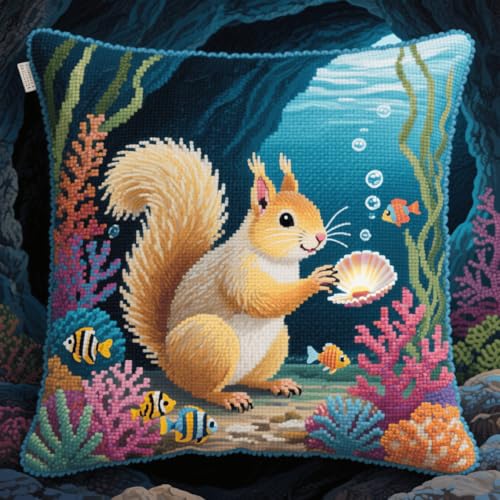 Henypt Latch Cushion Set Tier Eichhörnchen und Muscheln DIY Cross Stitch Latch Hook Cushion Cover Rug Sets with Pre-Printed Canvas Crochet Yarn Crafts 43x43cm Henypt Latch Cushion Set Tier Eichhörnchen und Muscheln DIY Cross Stitch Latch Hook Cushion Cover Rug Sets with Pre-Printed Canvas Crochet Yarn Crafts 43x43cm von Henypt
