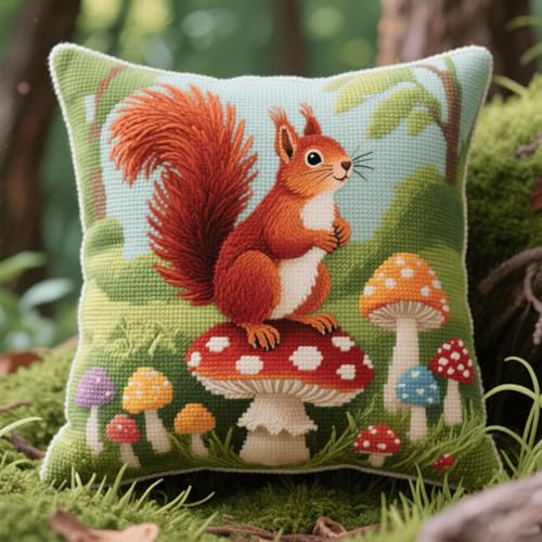 Henypt Latch Cushion for DIY Knotting Set Tier Eichhörnchen und Pilz Latch Set Kreuzstich Knüpfkissen Zum Selber knüpfen Kissen Kit 43x43cm von Henypt