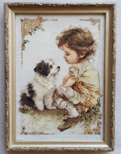Henypt Reuzstich Stickpackung 11Ct Sticken Set Erwachsene Kreuzstichmädchen Und Hund 40X50Cm Diy Stickbilder Vorgedruckt Kreuzstich Für Anfänger Home Decor von Henypt
