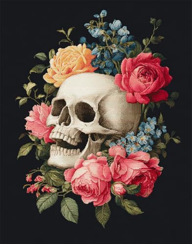 Henypt Stickerei Set Vorgedruckt Leinwand Kreuzstich Kit Stickbilder,Totenkopf Und Rosen Diy Kunst Kreuzstich Kit Stickerei Anfänger Weihnachts Geschenk Für Die Heimdekoration，11Ct von Henypt