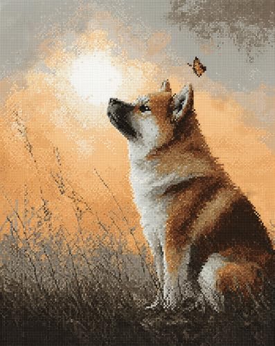 Henypt Stickpackung 11Ct Sticken Set Erwachsene Kreuzstich Akita-Hund Sitzt Auf Dem Gras 40X50Cm Diy Stickbilder Vorgedruckt Kreuzstich Für Anfänger Home Decor von Henypt