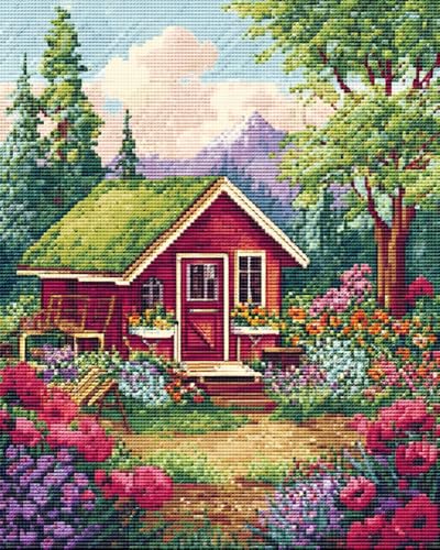 Henypt Stickpackung Kreuzstich Vorgezeichnet Blumenhütte 40X50Cm Baumwolle Komplettes Stickset Mit Stickvorlage Stickerei-Kit Zum Selbersticken Erwachsene von Henypt