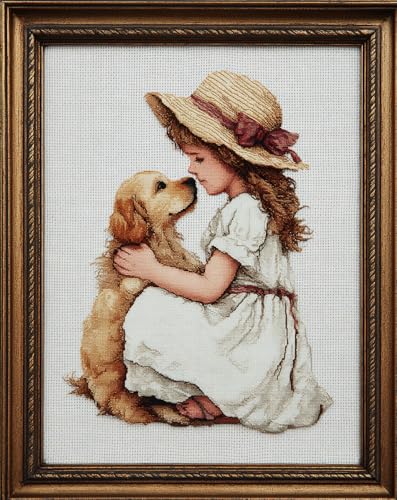 Henypt Stickpackung Kreuzstich Vorgezeichnet Mädchen Und Hund 40X50Cm Baumwolle Komplettes Stickset Mit Stickvorlage Stickerei-Kit Zum Selbersticken Erwachsene von Henypt