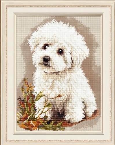 Henypt Stickpackung Kreuzstich Vorgezeichnet Süßer Weißer Hund 40X50Cm Baumwolle Komplettes Stickset Mit Stickvorlage Stickerei-Kit Zum Selbersticken Erwachsene von Henypt