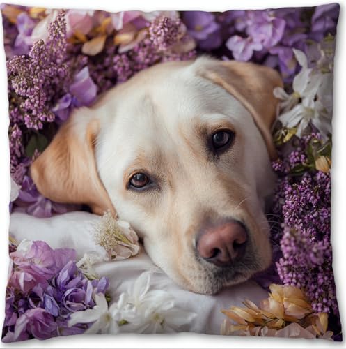 Kreuzstich Stickpackungen Kissen Stickerei Set Anfänger Vorgedruckt Niedlicher Labrador-Hund, Umgeben Von Blumen 45X45Cm Diy Set Kreativ Für Erwachsene Dekoratives Bastelset Handwerker Haus von Henypt