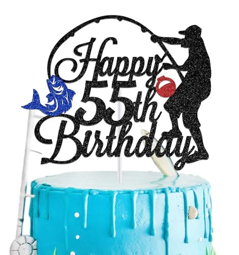 Fisherman Happy 55th Birthday Cake Topper, Legend Since 1970 for Man, Gone Fishing Decorations, Fisherman 55 Years Old Birthday Party Supplies, Black Glitter von Hequoyer