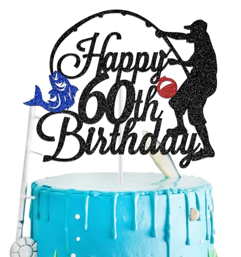 Fisherman Happy 60th Birthday Cake Topper, Legend Since 1965 for Man, Gone Fishing Decorations, Fisherman 60 Years Old Birthday Party Supplies, Black Glitter von Hequoyer