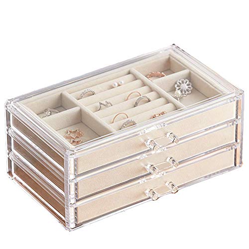 HerFav Acryl-Schmuck-Organizer-Box mit 3 Schubladen, transparente Schmuckschatullen für Damen, Ohrringe, Ringe, Armreif, Armband und Halskette, Samt-Schmuck-Vitrine von HerFav