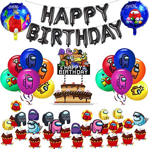 Among Us Geburtstagsparty-Ballons, Zubehör-Set für Kinder, enthält "Happy Birthday"-Aluminiumfolie, Banner-Ballons, Kuchendekoration, Cupcake-Topper für Weltraum-Party-Dekorationen von Herber