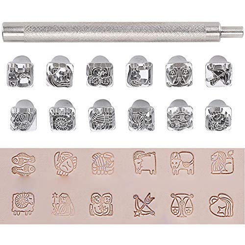 12 Stück Leder Prägestempel Set, Leder Stempel Werkzeuge DIY Leder Punziereisen Set Verschiedene Formen Metall Stempel Set Sattelherstellung Werkzeuge für Lederhandwerk Arbeiten,Zwölf Sternbilder von Herbests