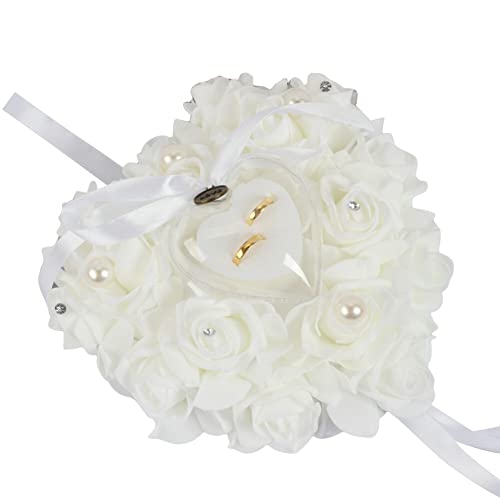 Ehering Kissen,Romantische Rosen-Herzform Ehering Box Satin Bowknot und Strass Herzförmig Ringhalter Hochzeits-Ringkissen Geschenk Ring Box Kissen Schmuckschatulle Für Eheringe Ringe,Weiße von Herbests