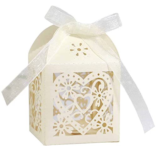 Party Geschenkbox,50 Stück Hohles Liebe Herz Süßigkeitenbox mit Farbband Schokolade kartons Tischdeko Bonboniere Box Kleine Geschenkboxen für Tischdeko Hochzeit Taufe Kommunion Weihnachten Baby Shower von Herbests