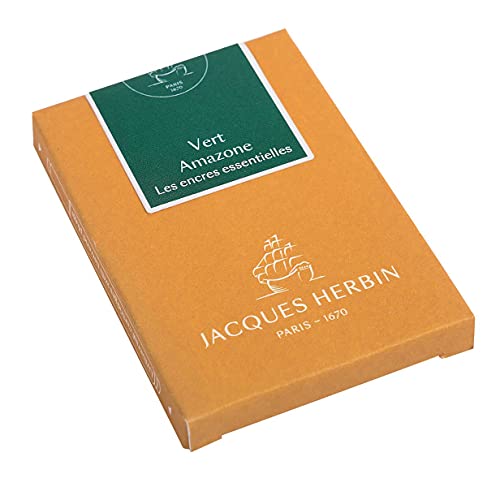 Jacques Herbin 11037JT - Packung mit 7 großen Tintenpatronen, internationale Größe 1,35ml, ideal für Füllfederhalter und Tintenroller, Grün, 1 Pack von J.Herbin