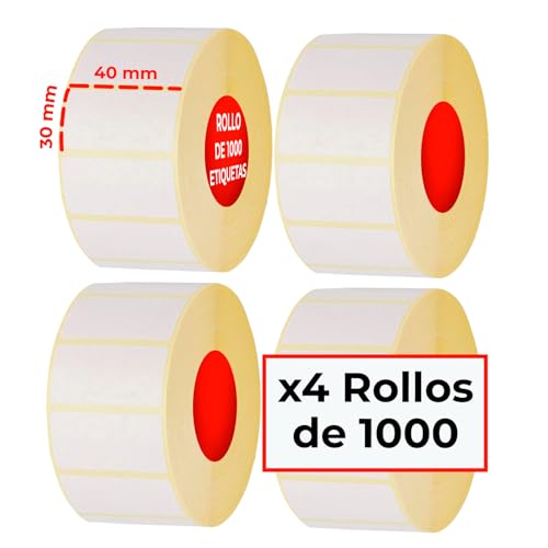 Thermoetiketten, selbstklebend, 40 x 30 mm, weißes Premium-Papier, kompatibel mit Zebra, Toshiba, TSC, Argox und mehr, Kern 40 mm, Packung mit 4 Rollen mit 1000 Stück von HerboAhorro