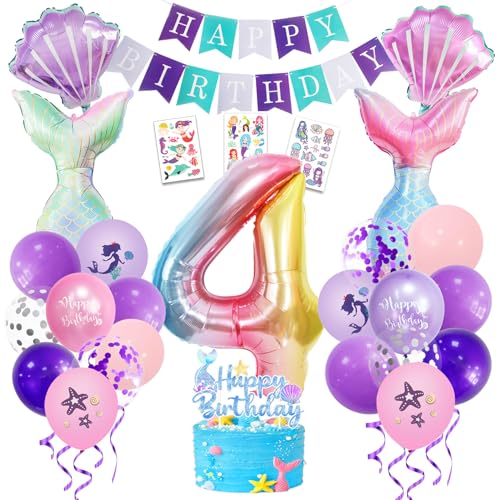 Herbst Meerjungfrau Geburtstag Deko 4 Jahre, Deko Meerjungfrau Kindergeburtstag Luftballon, Meerjungfrau Party Set mit Folienballon, Happy Birthday Banner, Kuchendeckel und Tattoos von Herbst