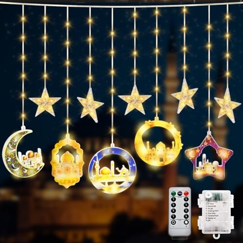 Herefun Ramadan Lichterkette, 4.8M Ramadan Deko Lichterkette Mond Sterne, Eid Mubarak Dekorationn LED Lampe mit 8 Blinkenden Modi & Fernbedienung, Ramadan Dekoration Fee Licht von Herefun