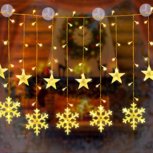 Herefun Schneeflocke Lichterkette, 3.5M Weihnachtsbeleuchtung, Hängend Fensterlicht mit Saugnäpfe, LED Lichtervorhang mit Sterne, LED Vorhang Licht für Innen Außen Fensterdeko Weihnachtsdeko von Herefun
